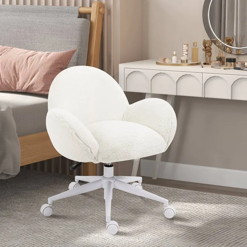 Homcom Fluffy Leisure Chair Office Chair with Backrest Wheels Cream White Cream