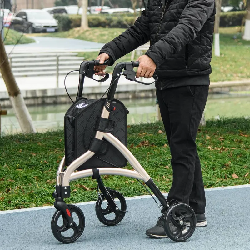 Homcom Folding 3 Wheel Rollator Aluminium Tri Walker Adjustable Handle Bag in Gold - Gold