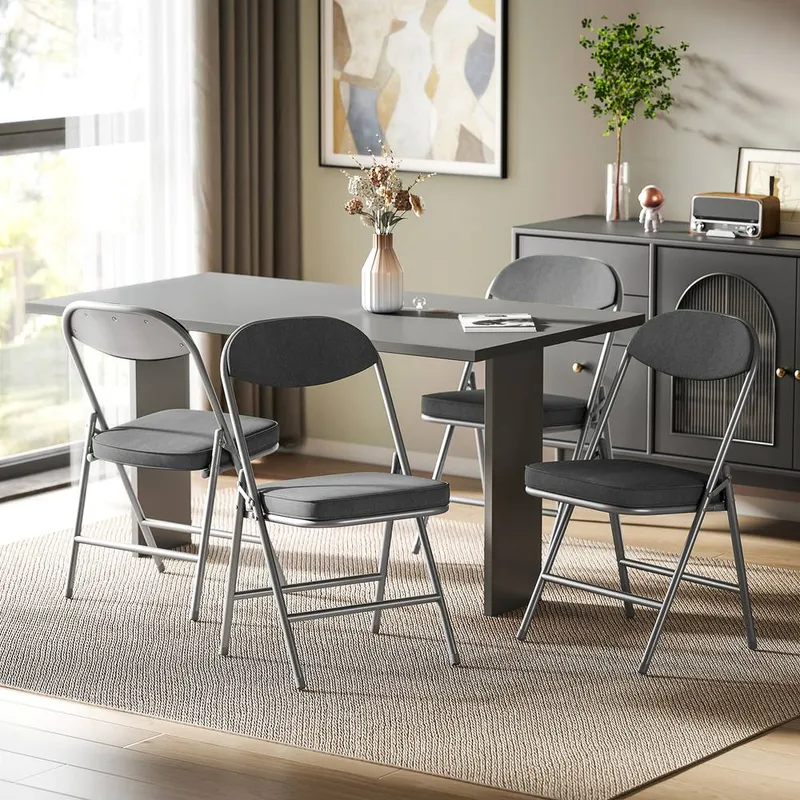 Homcom Folding Chairs Set of 4 with Cushioned Seat, Steel Frame in Dark Grey - Dark Grey