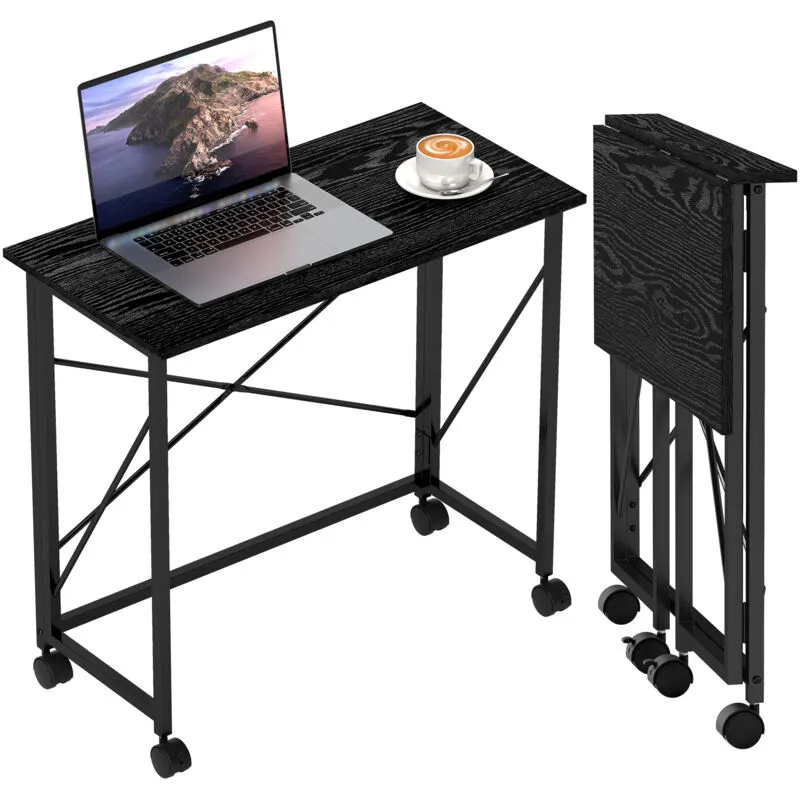 Homcom Folding Desk on Wheels, Writing Table for Home Office, Black - Black