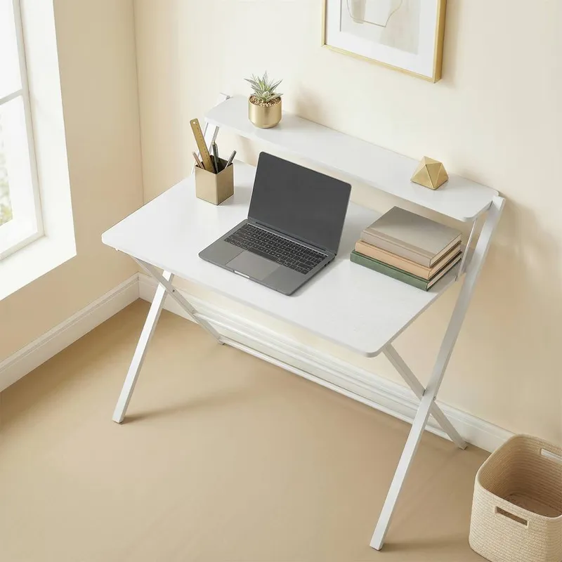 Homcom Folding Desk with 2-Tier Shelf for Home Office, White