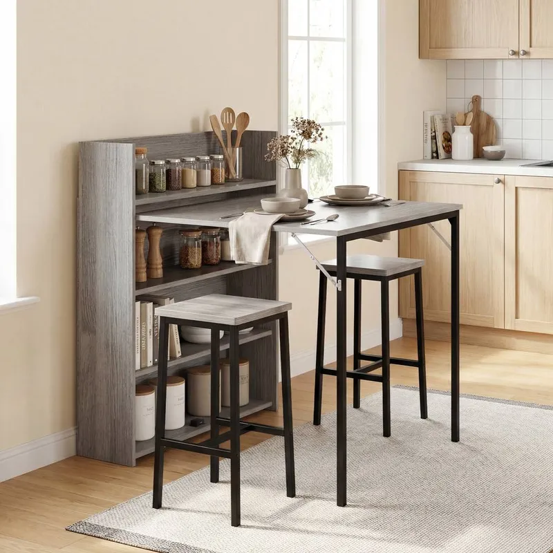 Homcom Folding Dining Table, Kitchen Table with Shelves Grey Wood Effect Grey