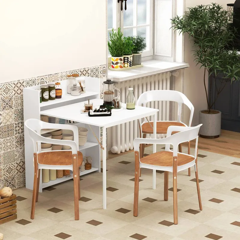Homcom Folding Dining Table, Kitchen Table with Shelves White White