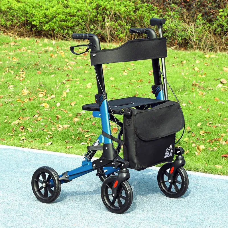 Homcom Folding Rollator Walker with Seat, Backrest, Bag, 4 Wheels in Blue - Blue
