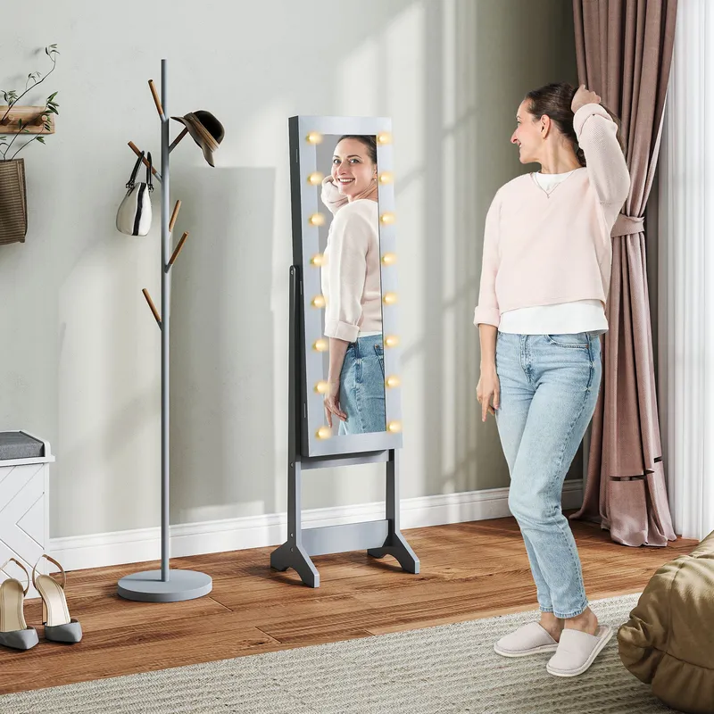 Homcom Free Standing LED Mirrored Jewelry Cabinet in Grey Grey