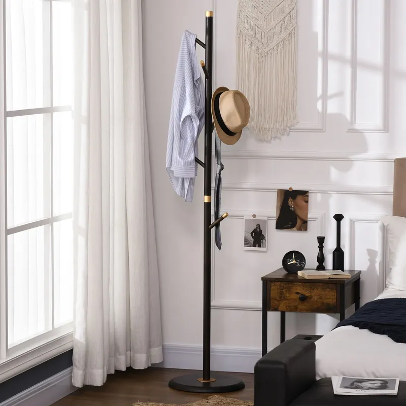 Homcom Freestanding Coat Rack Stand Coat Hanger with 6 Hooks in Brown Brown