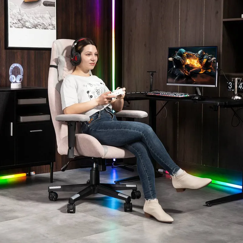 Homcom Gamer Computer Chair, Gaming Chair with Swivel Wheels, Pale Pink Pink