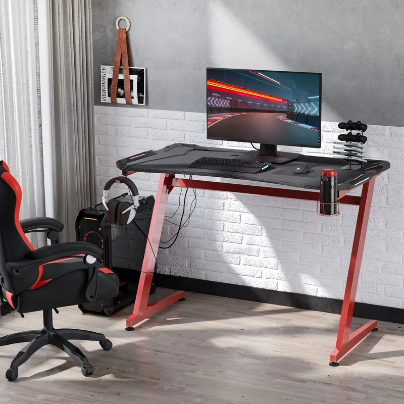 Homcom Gaming Desk with Gamepad Holder Cup Holder Headphone Hook in Red Red