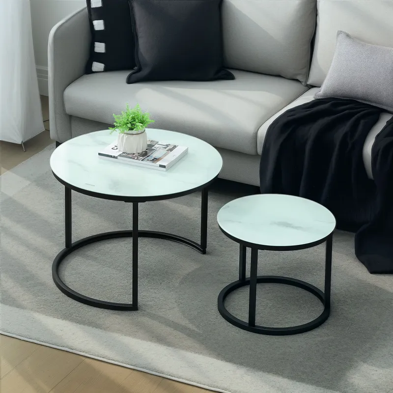 Homcom Glass Coffee Table Set of 2, Round Nest of Tables, White White