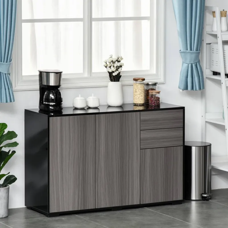 Homcom Gloss Push-Open Side Cabinet W/ 2 Drawer, 2 Door Cabinet for Home Office in Grey - Grey