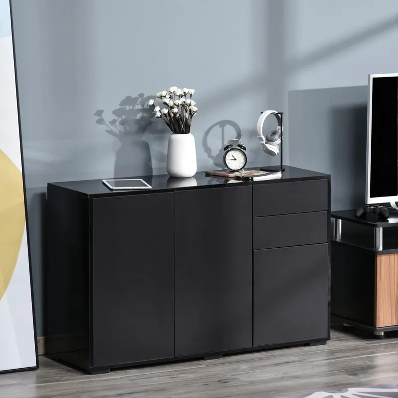 Homcom Gloss Push-Open Side Cabinet W/ 2 Drawer, 2 Door Cabinet for Home Office in Black - Black