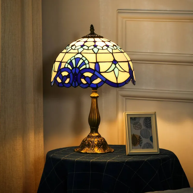 Homcom Handmade Stained Glass Table Lamp Antique Bedside Lamp for Bedroom in Blue - Blue