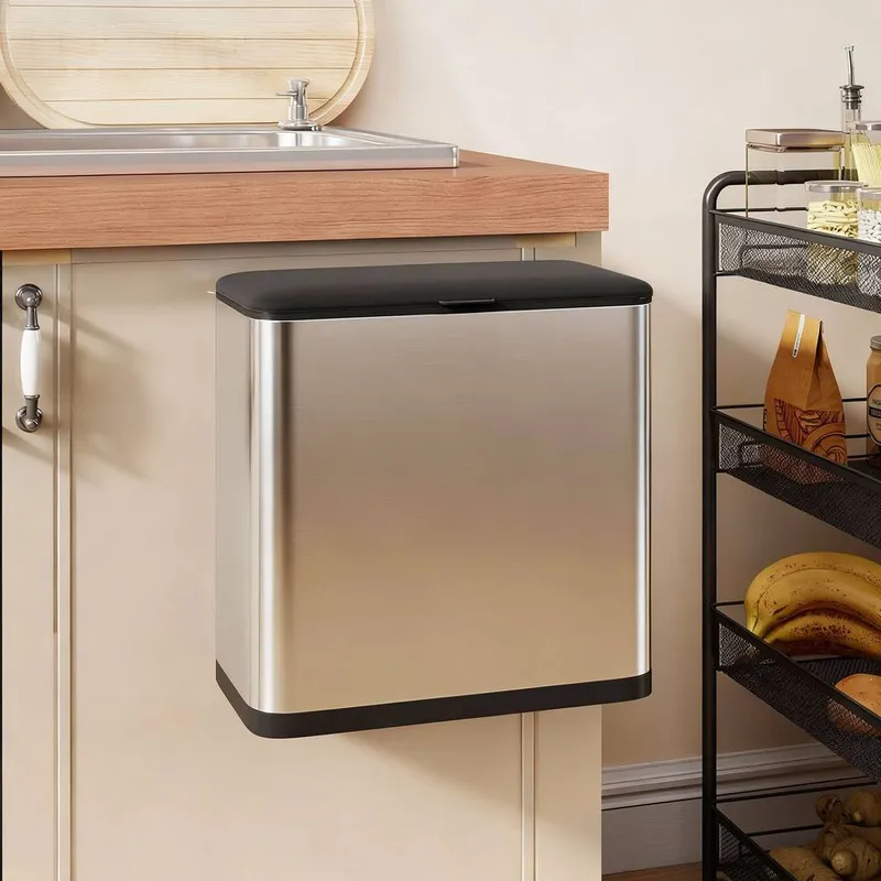 Homcom Hanging Kitchen Bin, Rubbish bin w/ Stay-Open Lid for Under Sink in Silver Silver