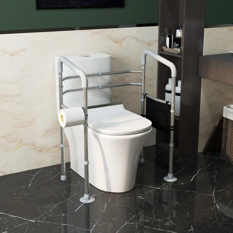 Homcom Height & Width Adjustable Toilet Frame Grab Bar with Tips Storage in Silver Silver