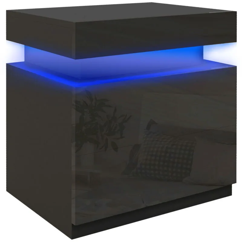 Homcom High Gloss Bedside Table with LED Light & 2 Drawers in Black Black