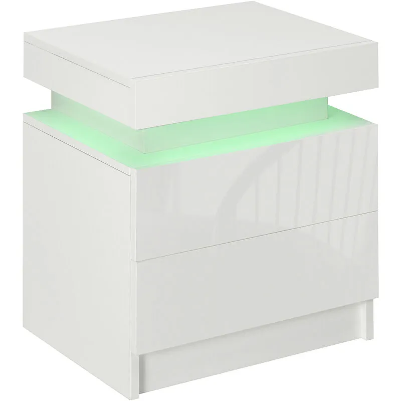 Homcom - High Gloss Bedside Table with led Light and 2 Drawers, White