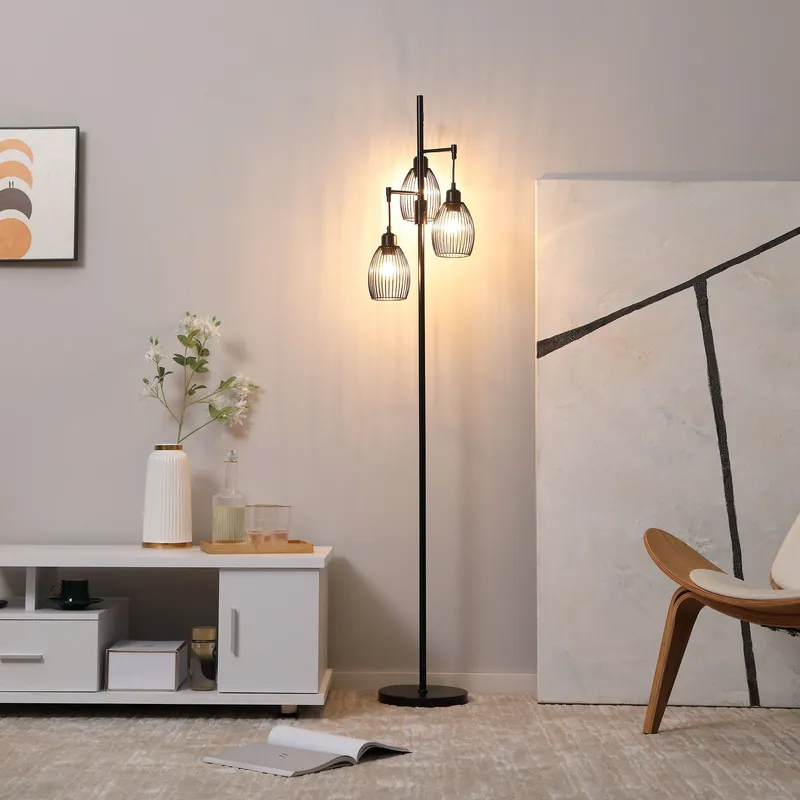 Homcom Industrial 3-Light Floor Lamp Dimmable Standing Lamp for Living Room in Black Black