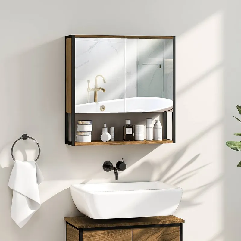 Homcom Industrial Bathroom Cabinet with 2 Mirrored Doors Open Shelf, Natural Size: W600mm x H600mm - Natural - Size: W600mm x H600mm