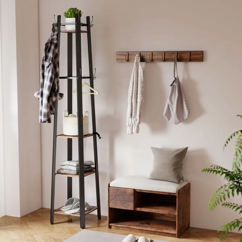 Homcom Industrial Coat Stand with 4 Storage Shelves & 8 Hooks in Brown - Brown