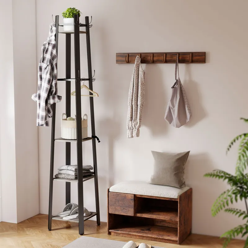 Homcom Industrial Coat Stand with 4 Storage Shelves & 8 Hooks in Grey Grey