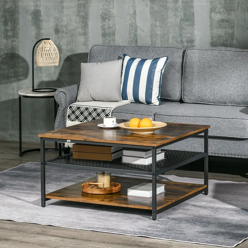 Homcom Industrial Coffee Table Centre Table with 3-Tier Storage Shelves in Brown Brown