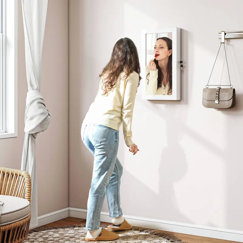 Homcom Jewelry Cabinet, Wall-Mounted Storage Cabinet with Mirror in White - White