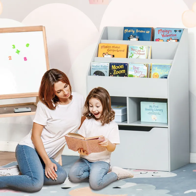 Homcom Kids Bookshelf Bookcase with Storage Drawer with Wheels Toy Organiser Grey