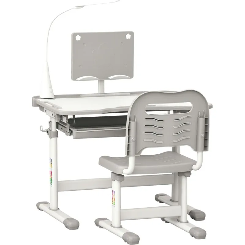 Homcom - Kids Desk and Chair Set, Height Adjustable Study Desk with usb Lamp Grey