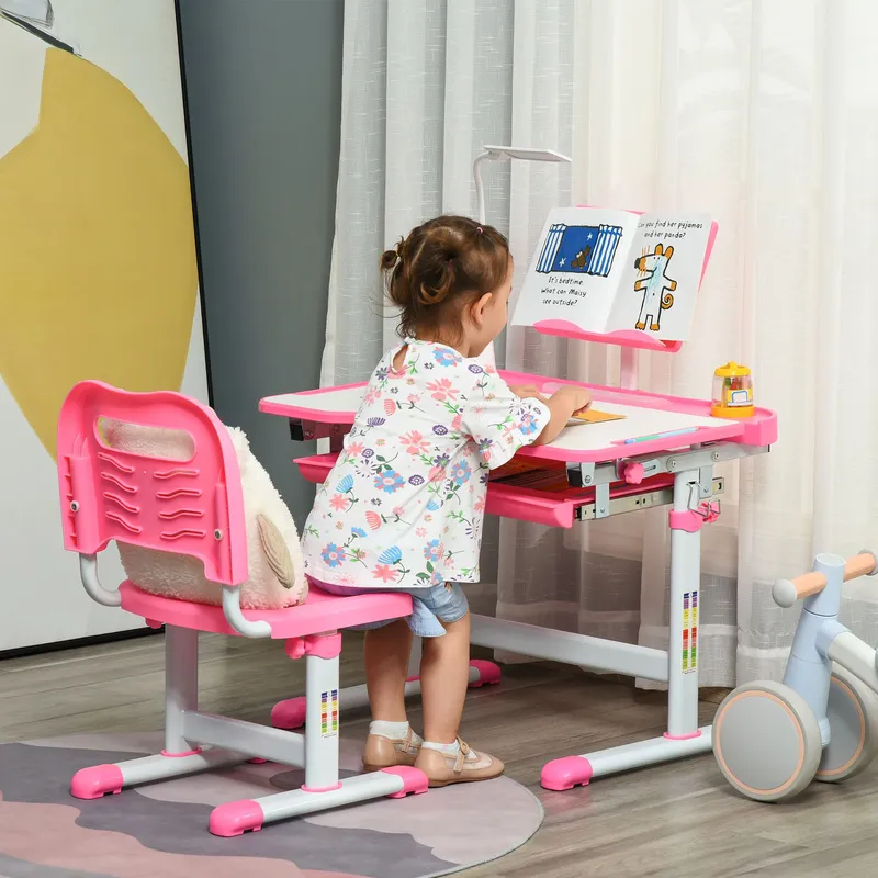 Homcom - Kids Desk and Chair Set, Height Adjustable Study Desk with usb Lamp Pink