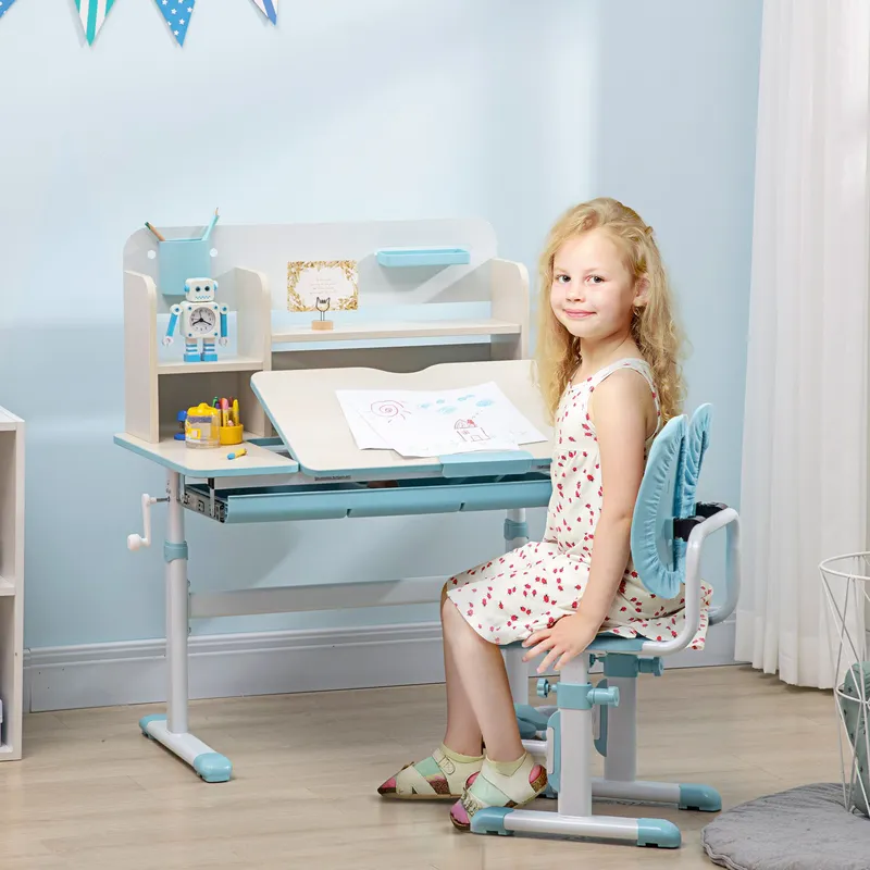 Homcom Kids Desk & Chair Set, Height Adjustable Study Table for 3-12 Years in Blue Blue