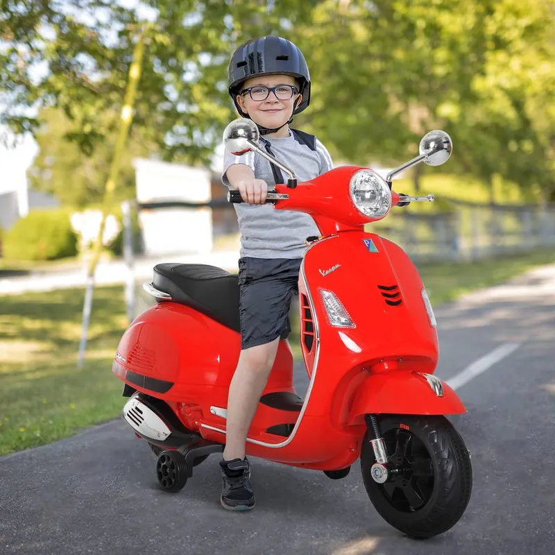 Homcom Kids Ride On Licensed Vespa Motorcycle 6V Boys Girls MP3 Music LED Lights in Red Red