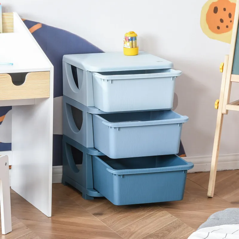 Homcom - Kids Storage Units with 3 Drawers 3 Tier Chest Toy Organizer Blue