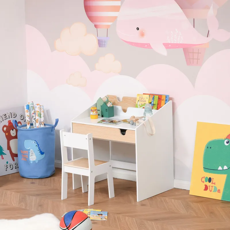 Two-Piece Kids Desk and Chair Set Children Study Table w/ Storage - Homcom