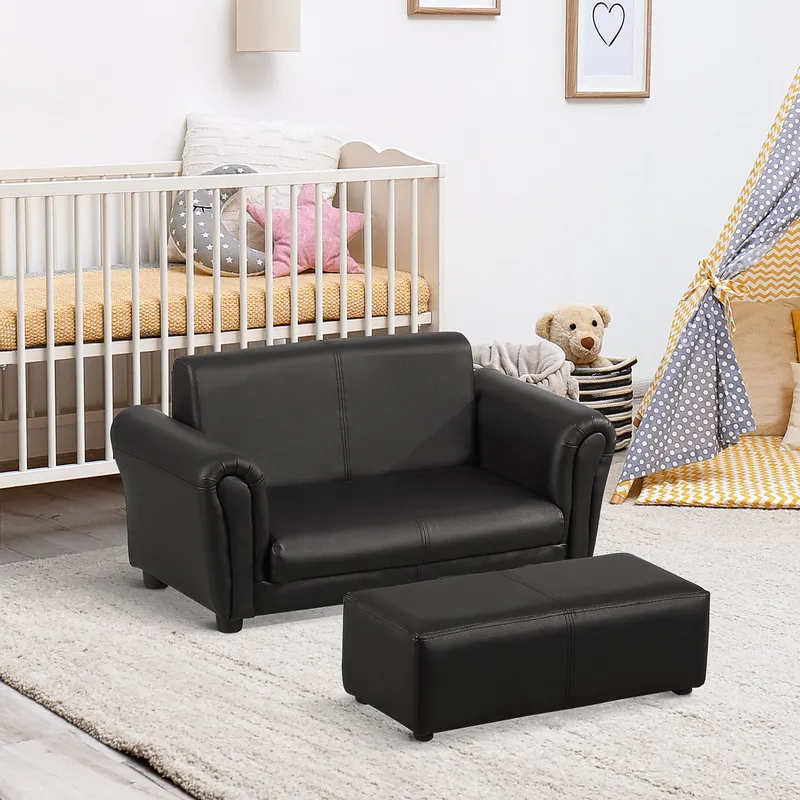 Homcom Kids Twin Sofa 2 Seater Toddler Chair Double Seat Armchair w/ Footstool in Black Black