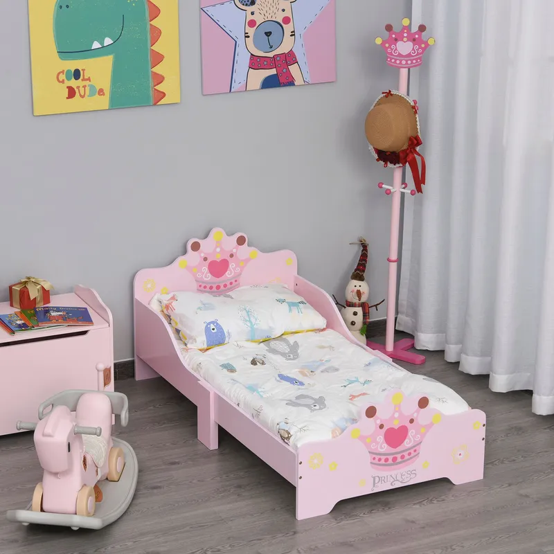 Homcom Kids Wooden Princess Crown & Flower Single Bed with Safety Side Rails Slats Pink Pink Single