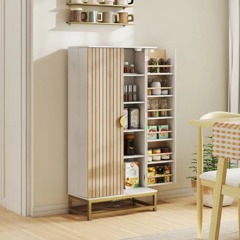 Homcom Kitchen Cabinet with Double Doors, 5 Tiers, 12 Spice Racks, White White