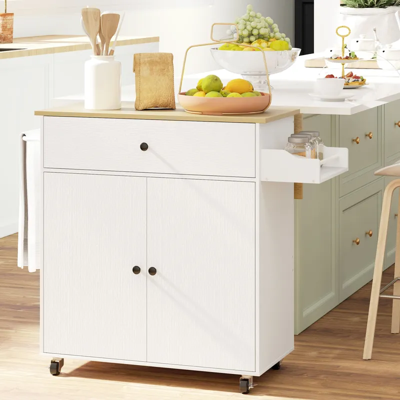 Homcom Kitchen Island with Drop Leaf, Rolling Kitchen Storage Trolley, White - White