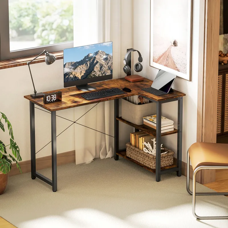Homcom L-Shaped Computer Desk Study Workstation with 2 Shelves, Steel Frame