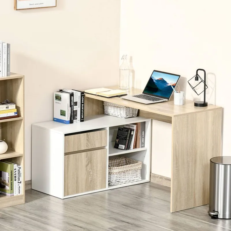 Homcom L-Shaped Corner Computer Desk Study Table PC Work with Storage Shelf in White - White