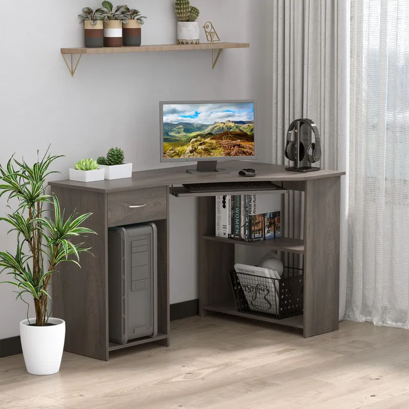 Homcom L-Shaped Corner Computer Desk w/ 2 Shelves Worktop Keyboard Tray in Grey - Grey