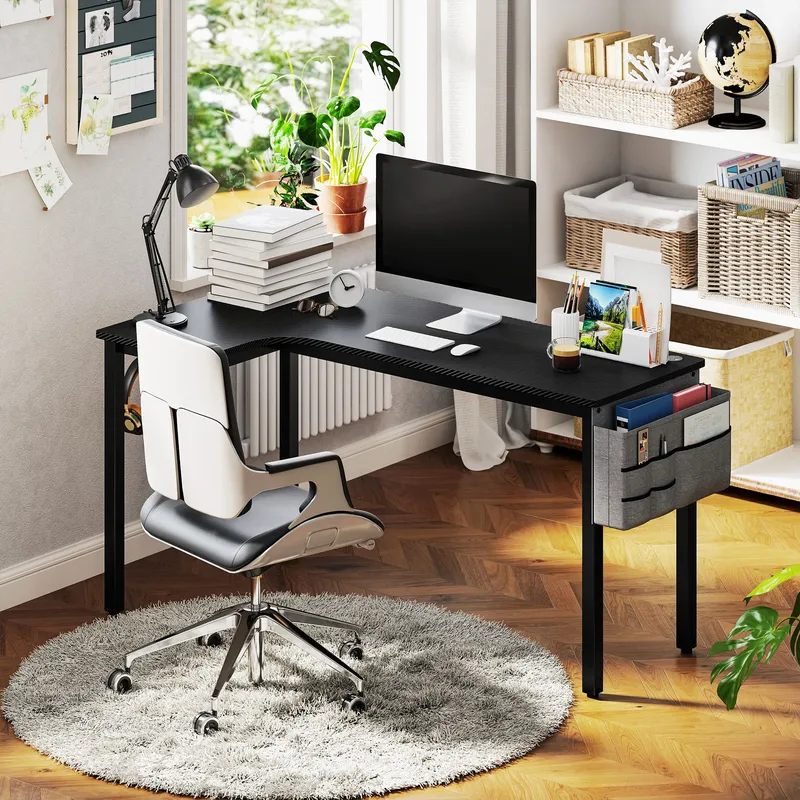 Homcom L-Shaped Corner Desk Computer with Fabric Bag & Hooks, Black Black