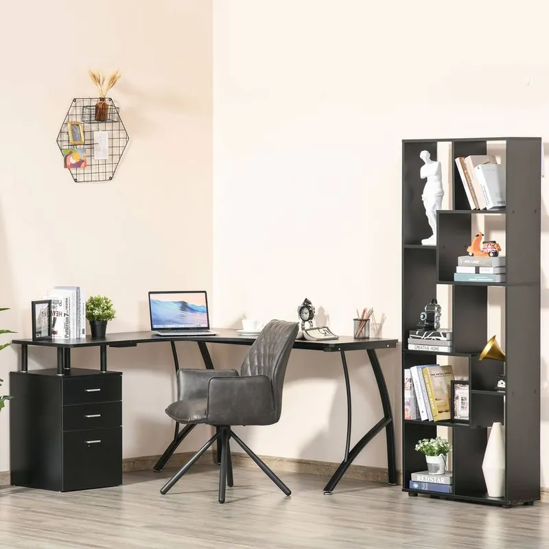 Homcom L-Shaped Corner PC Desk Table w/ Drawer Home Office Workstation in Black Black