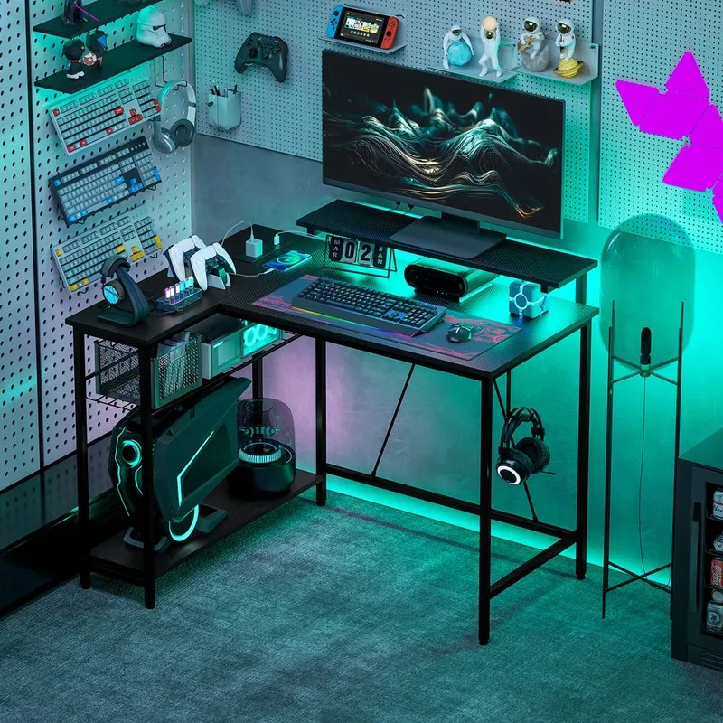Homcom - l Shaped Desk with led Lights Reversible Corner Gaming Desk with Storage