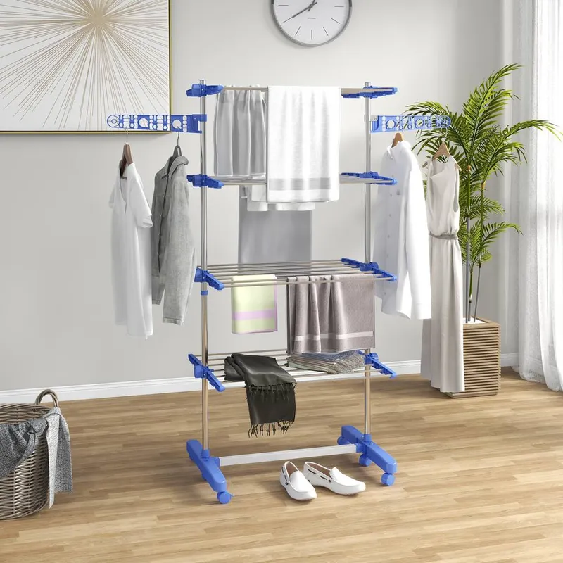 Homcom Large Clothes Airer Stainless Steel Clothes Drying Rack in Blue Size: Medium - Blue