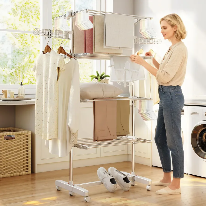 Homcom Large Clothes Airer Stainless Steel Clothes Drying Rack White in Silver - Silver - Size: L