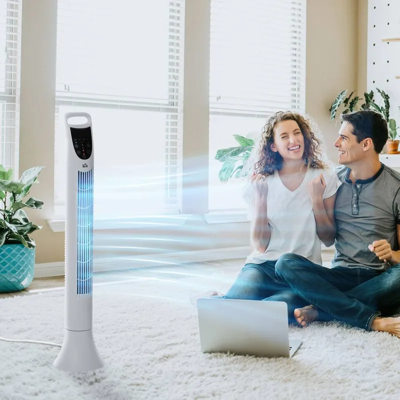 Homcom LCD 36 Inch Tower Fan 70° Oscillation 3 Speed Remote Controller in White - White