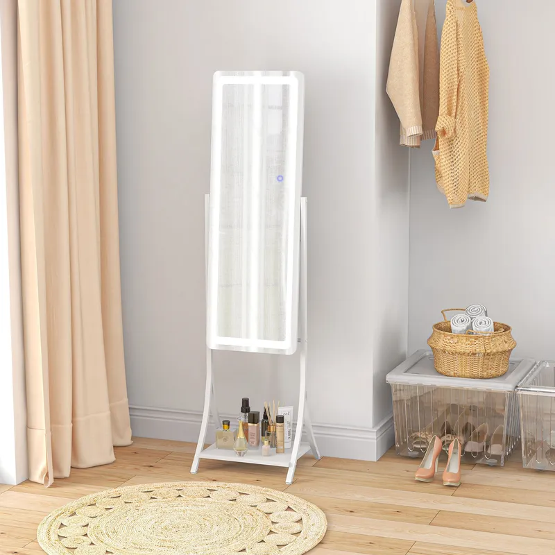 Homcom LED Lighted Full Length Mirror, Floor Standing Mirror with Shelf in White - White