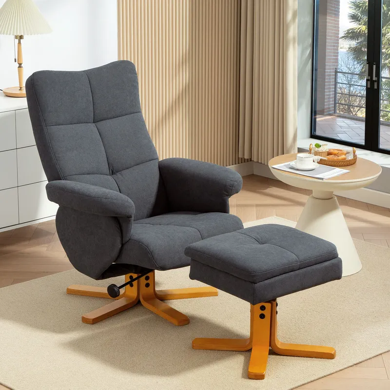 Homcom Linen Recliner Chair & Footstool Wooden Base Grey Grey