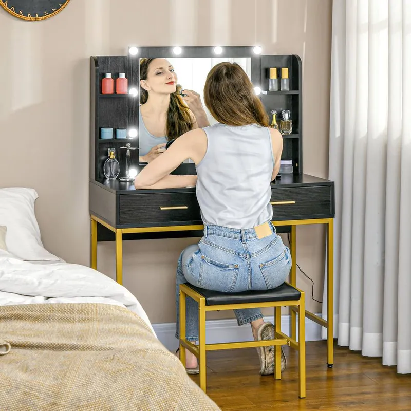 Homcom Makeup Vanity Desk Set with Lighted Mirror, Stool, Drawers, Black Black