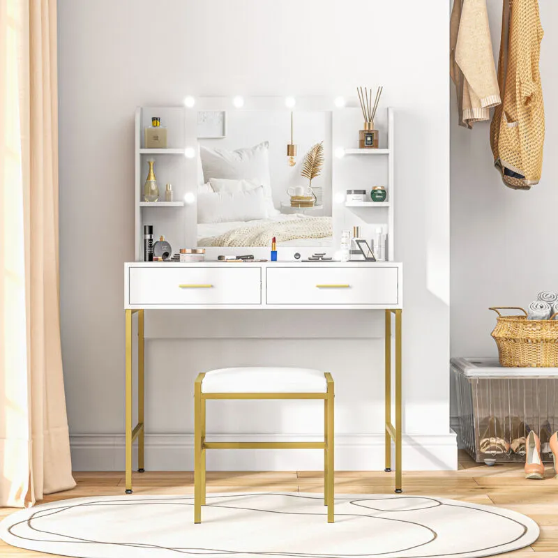 Homcom - Makeup Vanity Desk Set with Lighted Mirror, Stool, Drawers, White